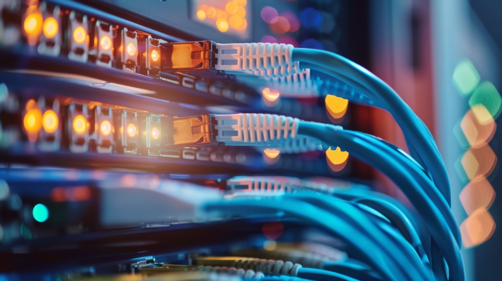 Network cables plugged into a lit switch
