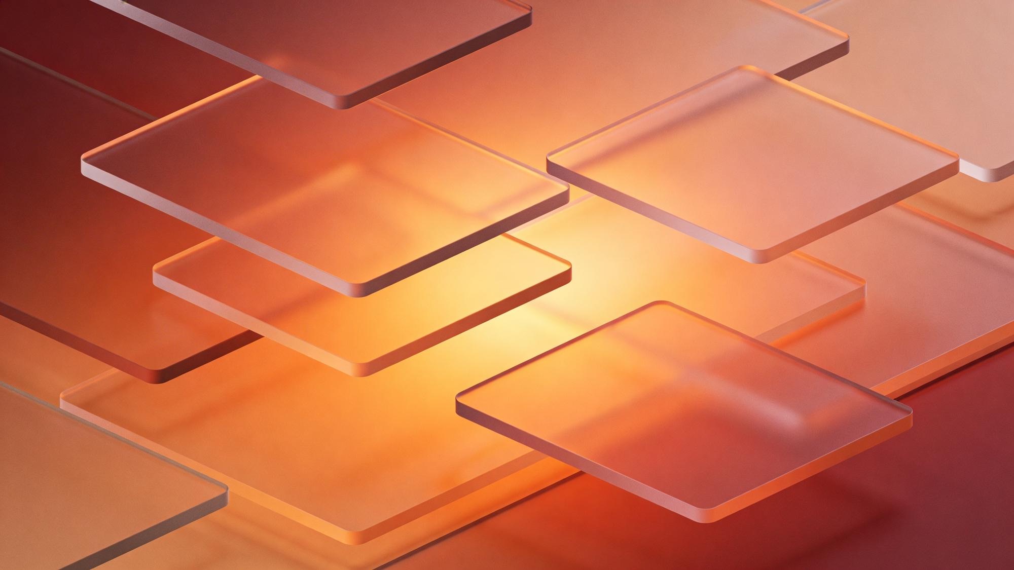 Frosted glass tiles floating over an orange glow