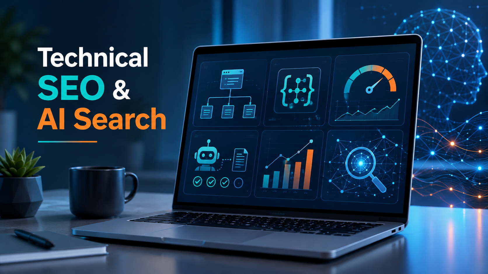 Technical SEO dashboard showing crawlability, site structure, performance, and AI search visibility.
