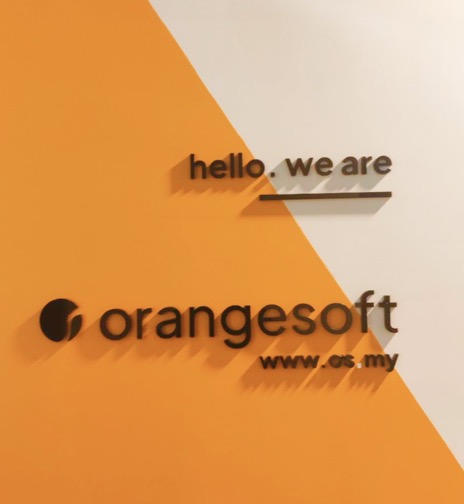 Orangesoft wall sign reading hello, we are orangesoft