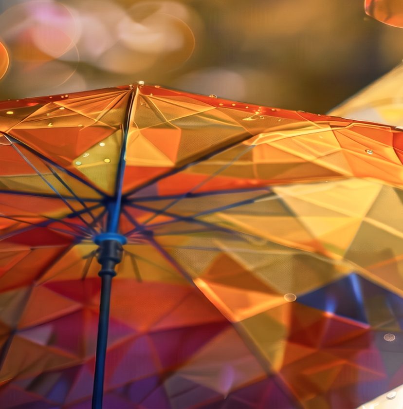 Faceted orange and purple glass umbrella seen from below