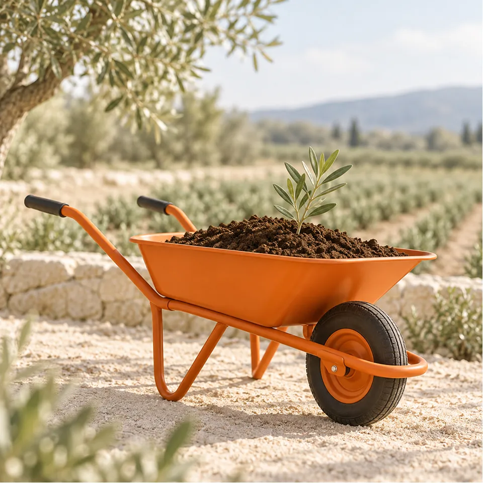 Orange wheelbarrow of soil and a seedling beside plantation rows