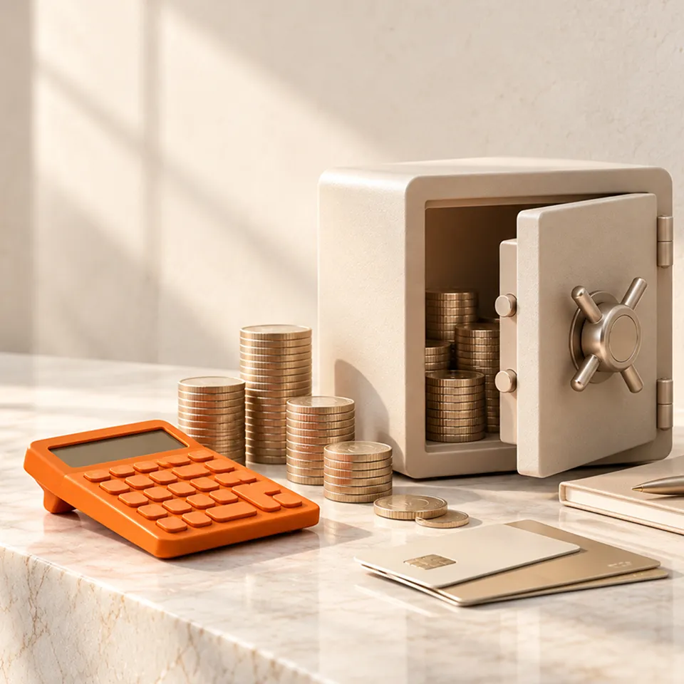 Orange calculator and stacked coins beside an open safe