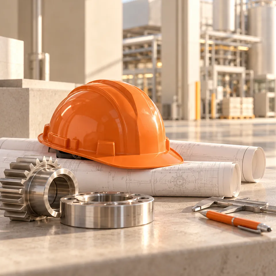 Orange hard hat on rolled plans beside gears and tools
