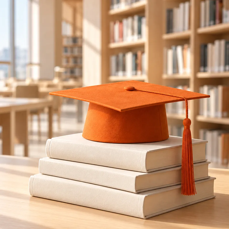 Orange mortarboard on a stack of books in a library