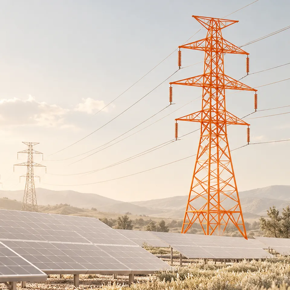 Orange transmission tower above a field of solar panels