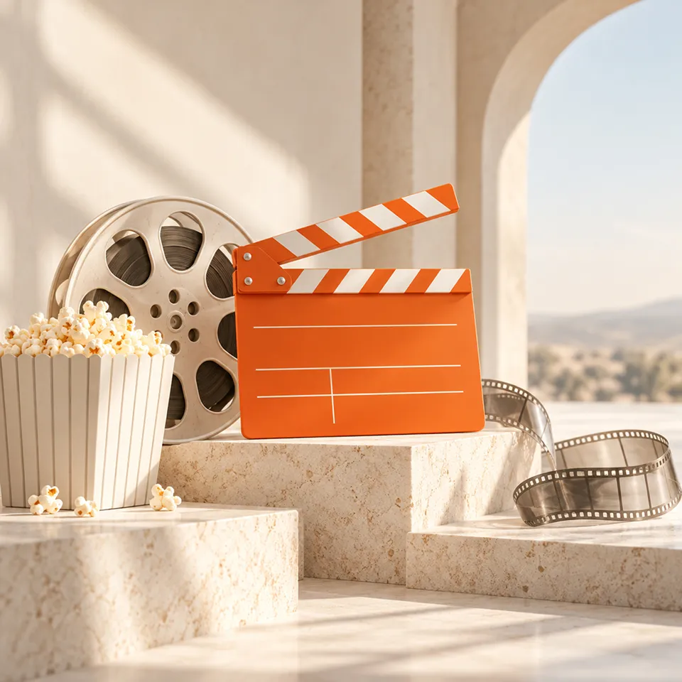 Film reel, popcorn and an orange clapperboard