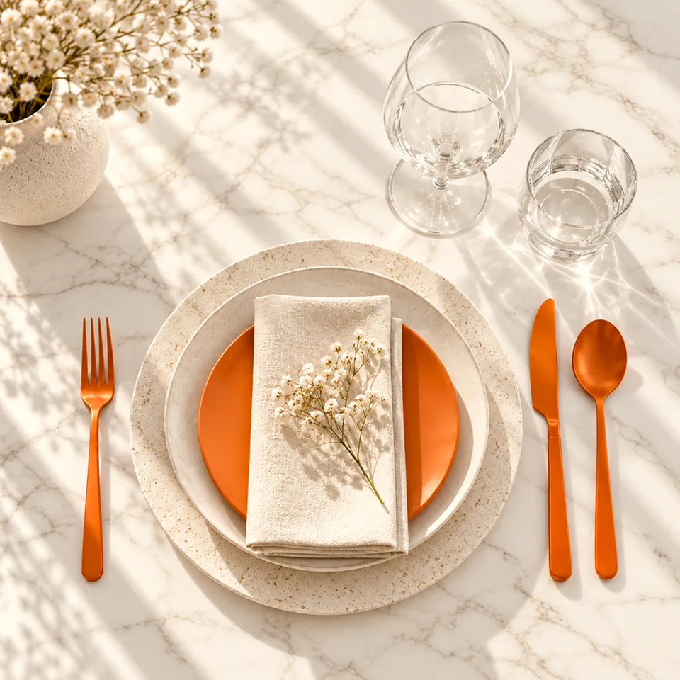 Table setting with an orange plate and cutlery