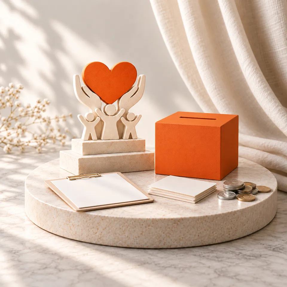 Hands holding an orange heart beside an orange donation box