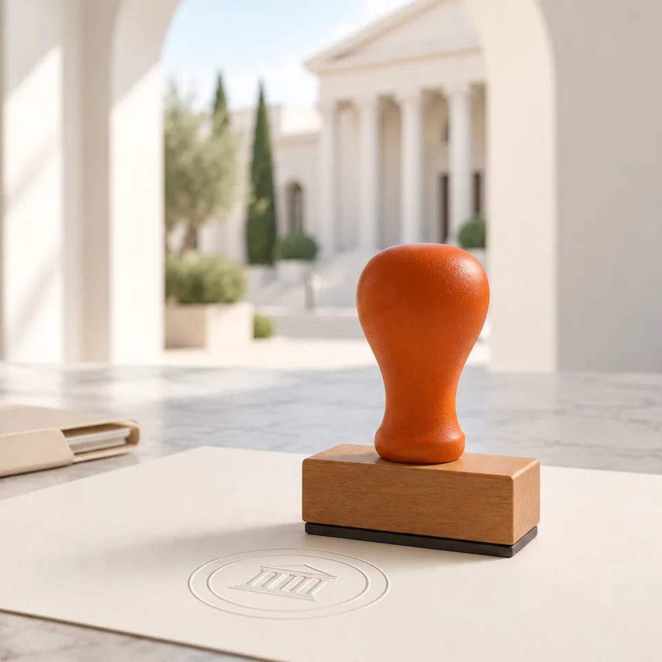 Orange official stamp on paper before a colonnaded building