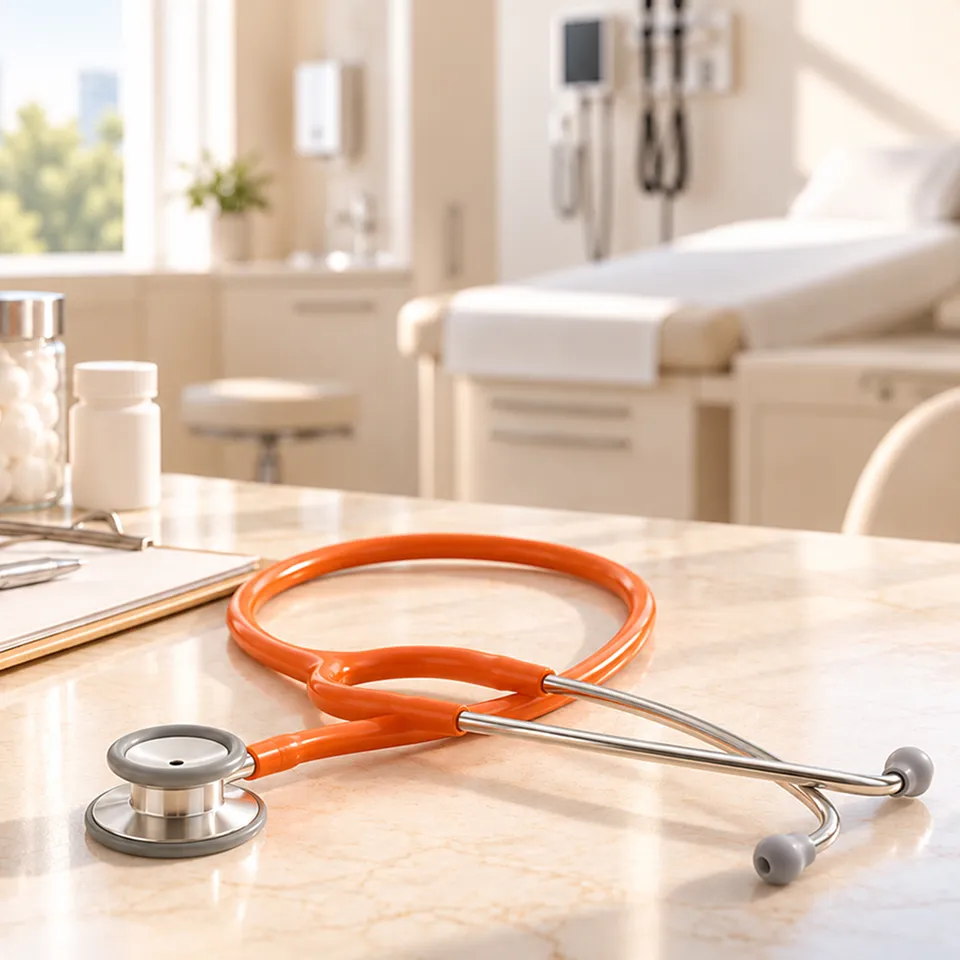 Orange stethoscope on a counter in a clinic room