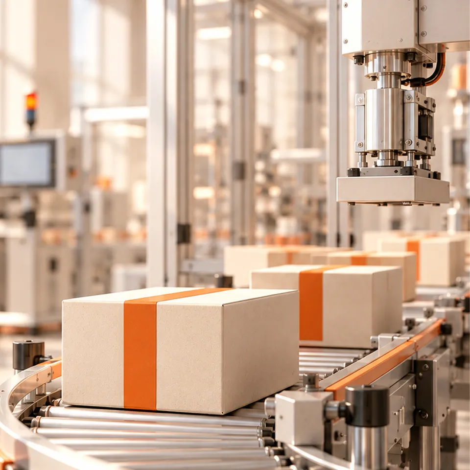 Boxes with orange straps on a factory conveyor