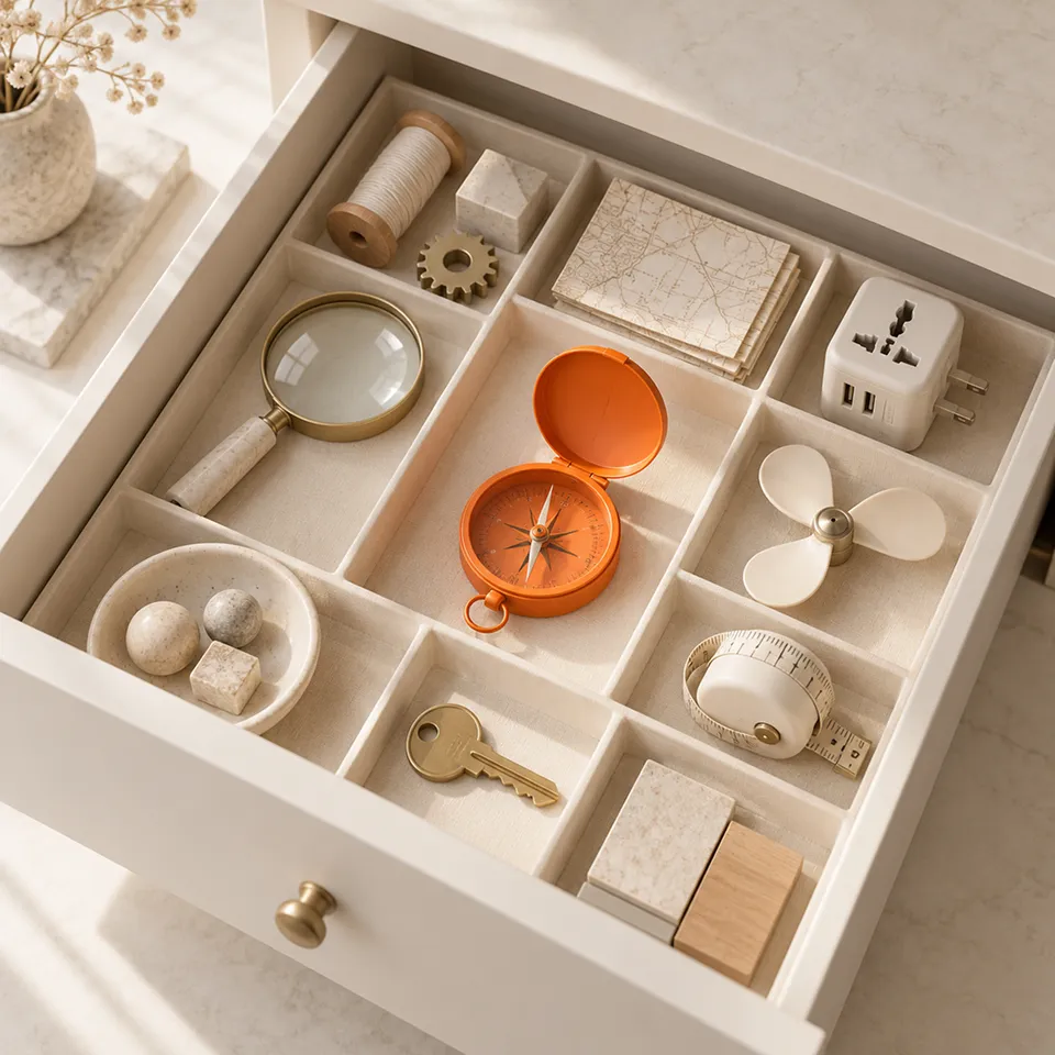 Open drawer of compass, keys and assorted objects