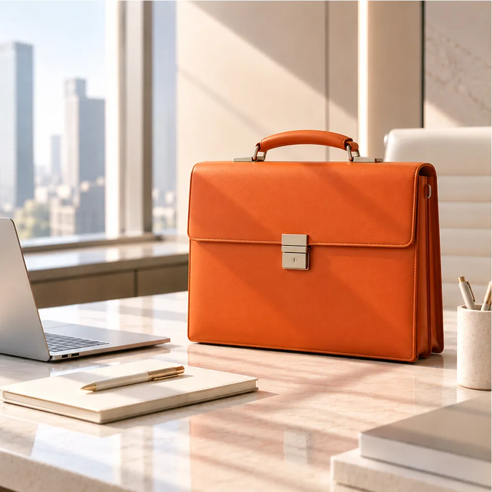 Orange briefcase on a desk overlooking city towers