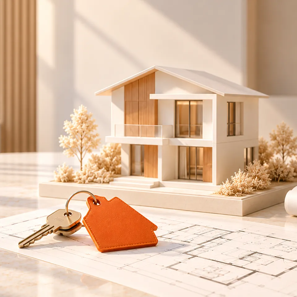 House model with keys and an orange tag on floor plans