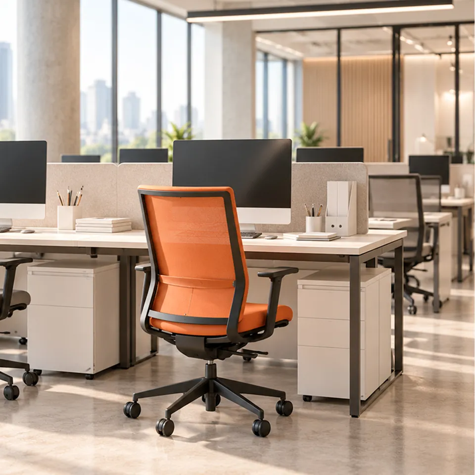 Orange office chair at a desk in an open-plan office
