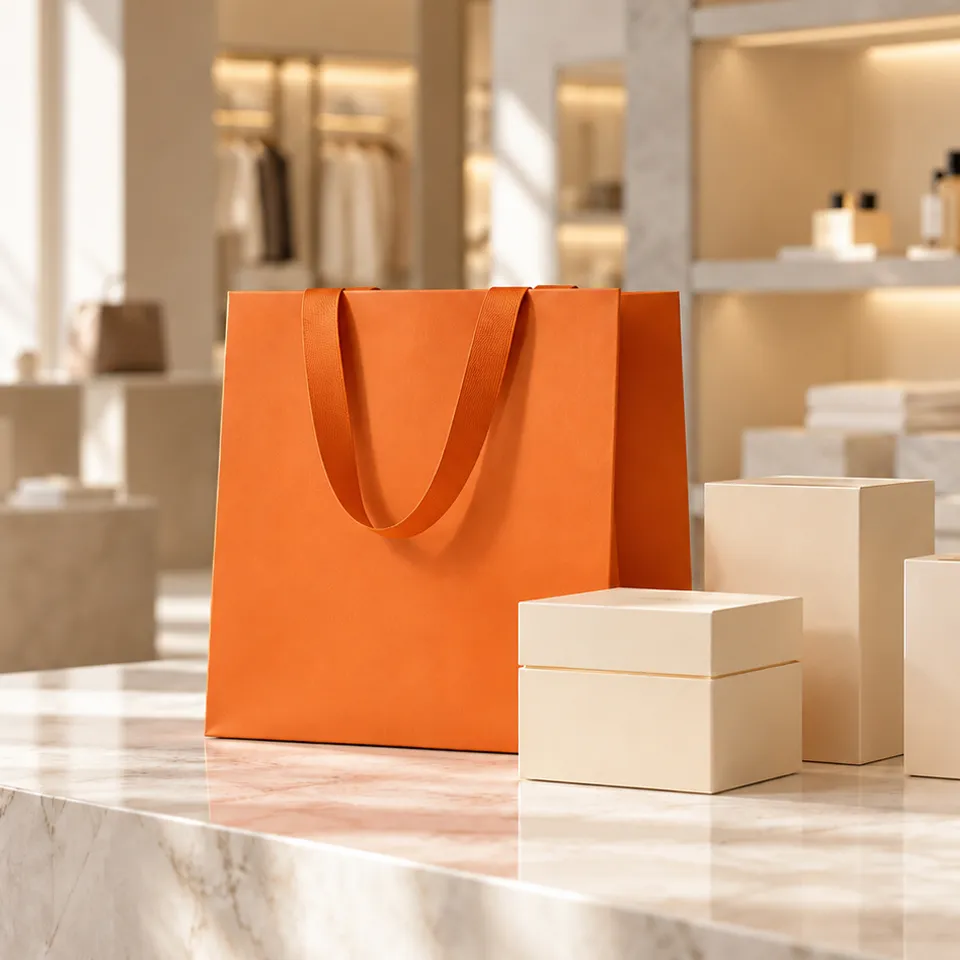 Orange shopping bag and gift boxes in a boutique