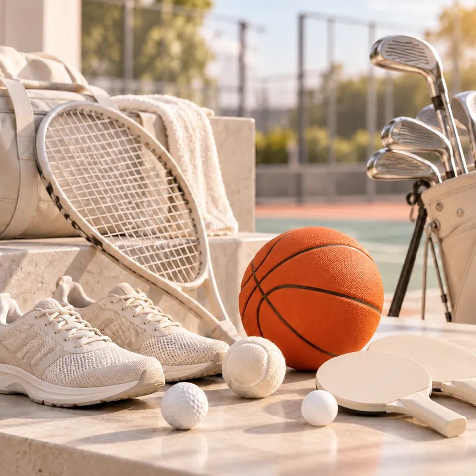 Tennis racket, trainers and an orange basketball by a court