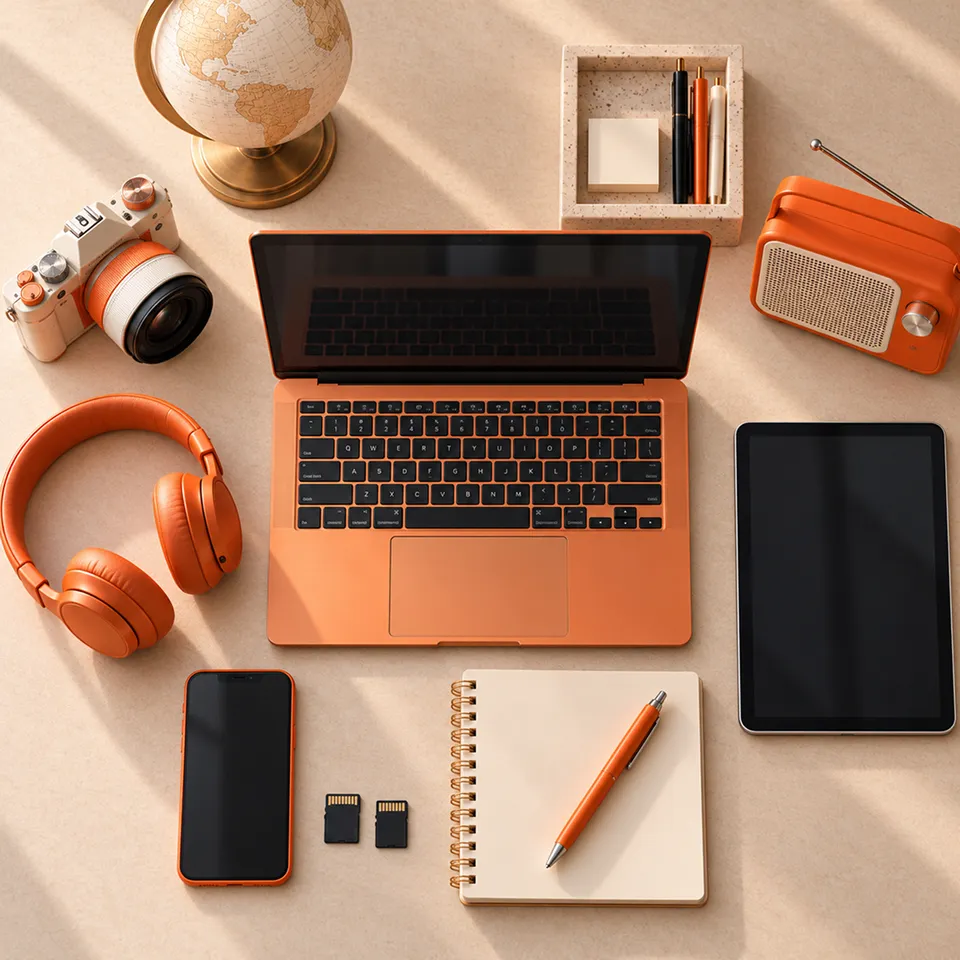 Laptop, headphones, camera and gadgets with orange accents