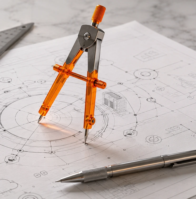 Orange drafting compass over technical drawings