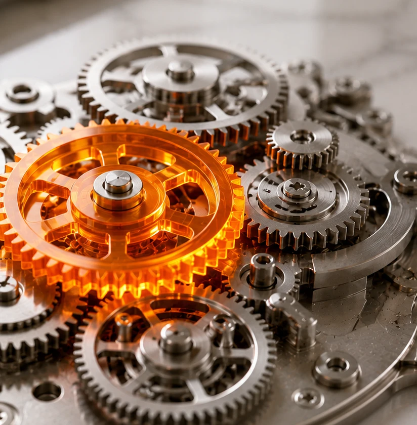 Orange and silver gears meshing together