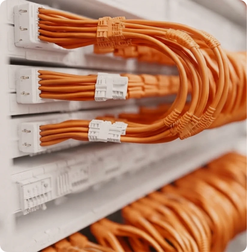 Orange cables running into a network patch panel