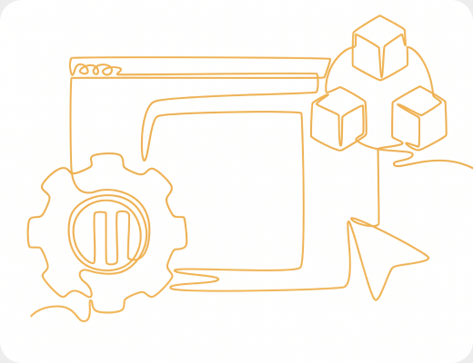 Line drawing of a browser window, a cog and stacked blocks