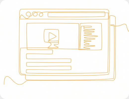 Line drawing of stacked browser windows of content