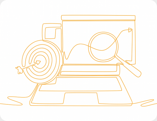 Line drawing of a target beside a magnified chart on a laptop