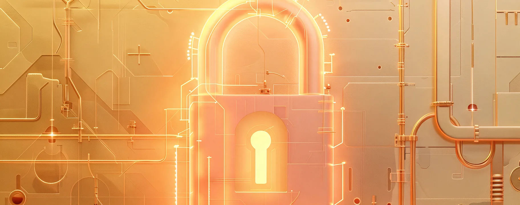 Glowing padlock on a golden circuit board